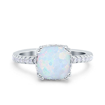 Half Eternity Art Deco Cushion Cut Wedding Bridal Ring Lab Created White Opal 925 Sterling Silver